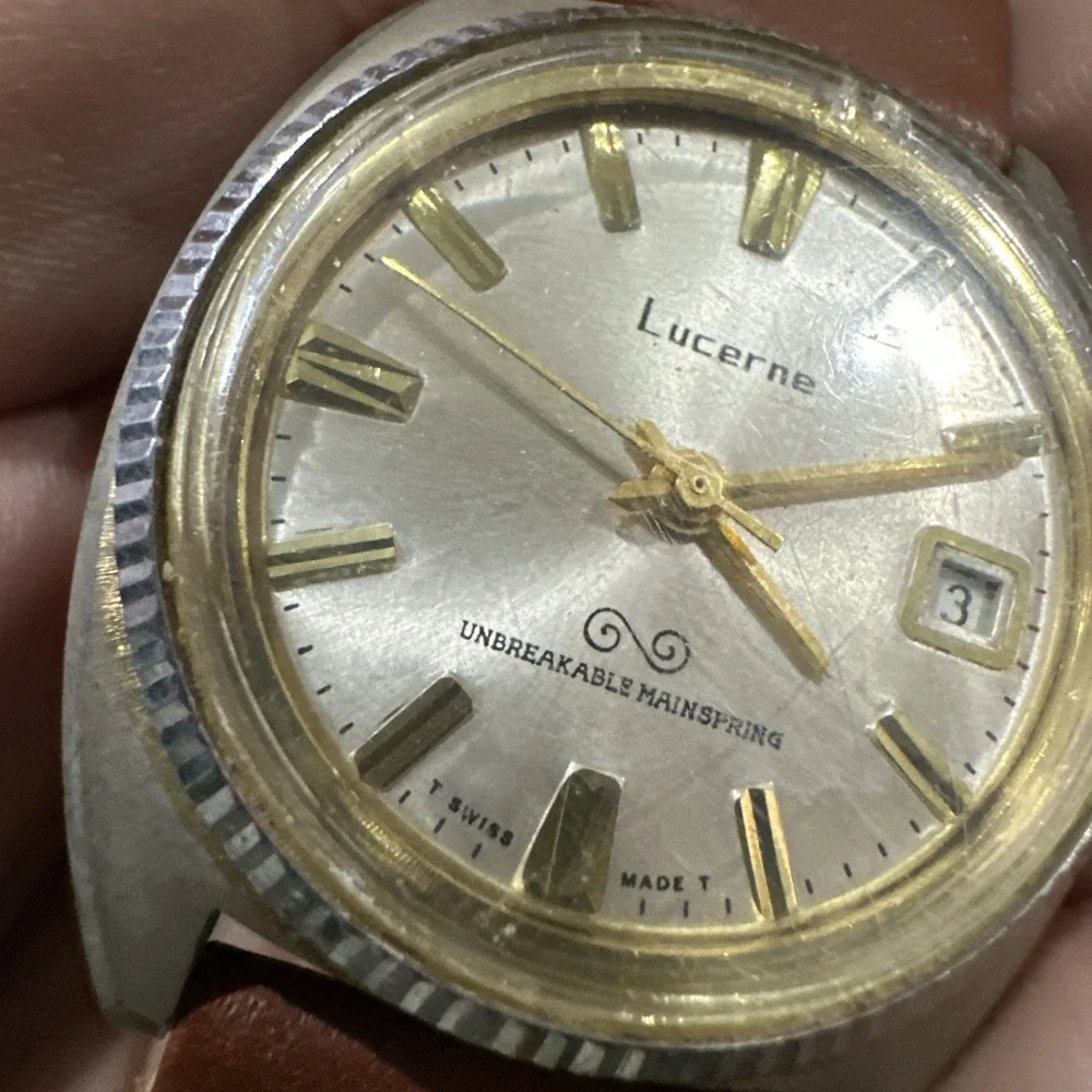 Working Vintage Lucerne Men's Manual Wind Watch 38mm Date Brown Leather Rare Run
